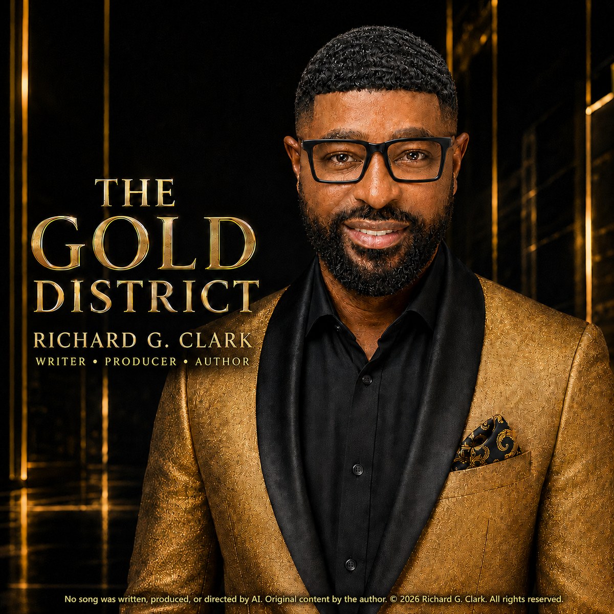 The Gold District album cover — Richard G. Clark in a gold jacket against a black and gold backdrop.